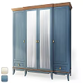Modern Blue Storage Cabinet With Glass Doors Golden Handles And Wooden Base