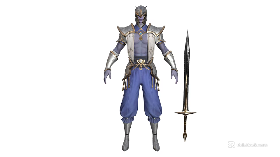 Fantasy Purple Skinned Warrior In Silver Armor With Blue Pants And Long Sword 3d model 