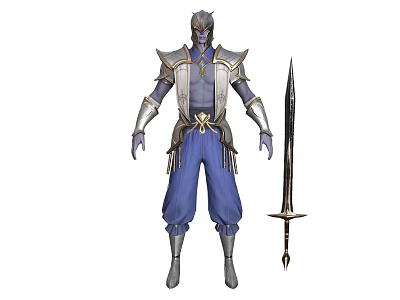 Fantasy Purple Skinned Warrior In Silver Armor With Blue Pants And Long Sword 3d model