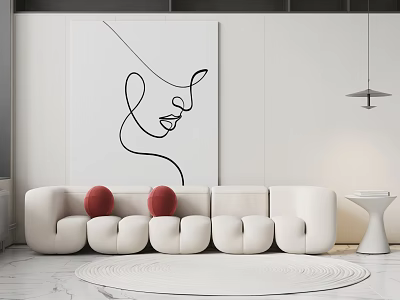 Modern White Sectional Sofa with Red Cushions Abstract Line Art and Round Marble Rug 3d model