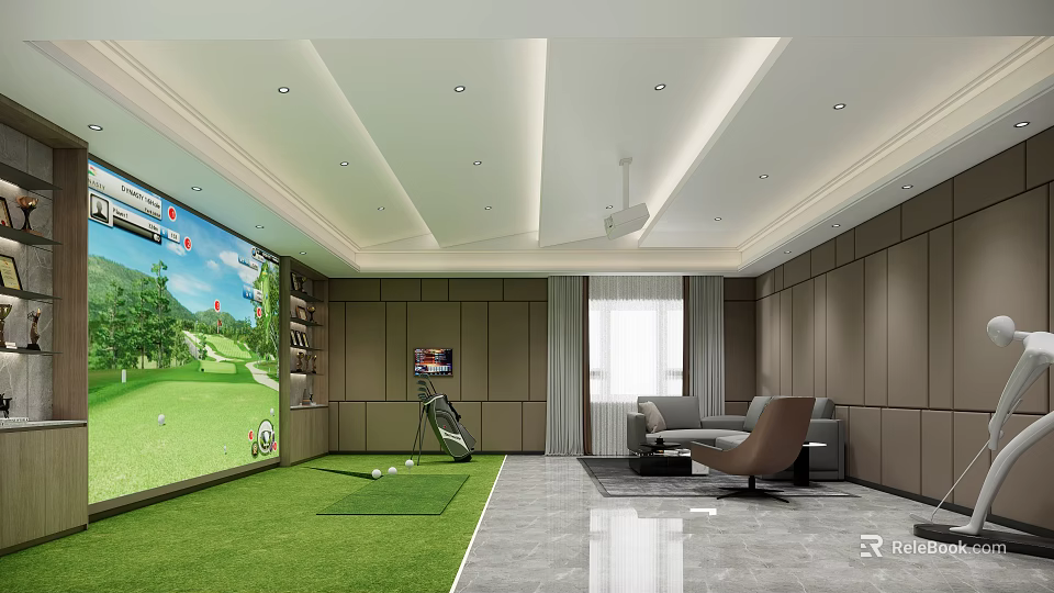 Indoor Golf Training Space With Simulator Green Turf And Comfortable Seating 3d model