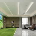 Indoor Golf Training Space With Simulator Green Turf And Comfortable Seating 3d model