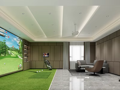Indoor Golf Training Space With Simulator Green Turf And Comfortable Seating 3d model