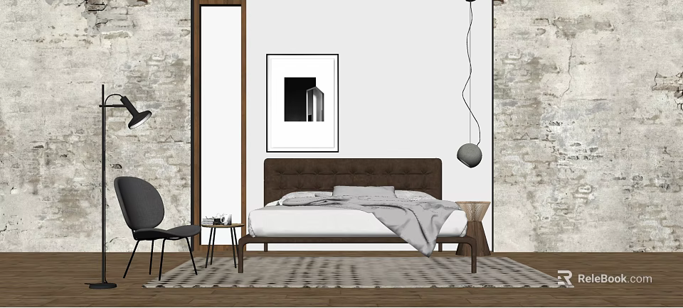 Double Bed In Background With Brown Headboard White Bedding And Stone Wall 3d model