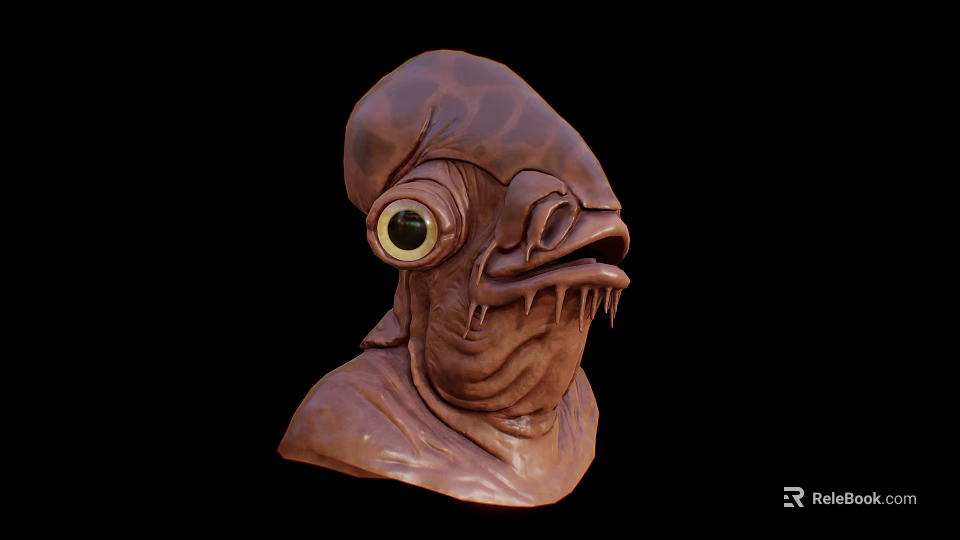 3D Rendered Alien Creature Head With Large Single Eye Brown Textured Skin And Sharp Teeth 3d model 
