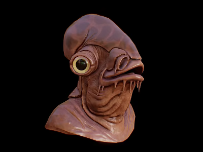 3D Rendered Alien Creature Head With Large Single Eye Brown Textured Skin And Sharp Teeth 3d model