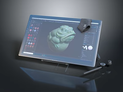 Digital Drawing Tablet Displaying Green 3D Model With Stylus Pen And Accessories 3d model