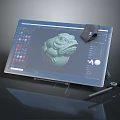 Digital Drawing Tablet Displaying Green 3D Model With Stylus Pen And Accessories
