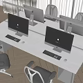 Modern Office Desk Setup With Desktop Computers And Comfortable Office Chairs 3d model