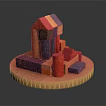 Colorful Wooden Blocks Building Small House With Various Shapes On Round Wooden Tray