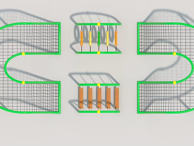 Garden Ornaments Featuring Green Frames Grid Structures Colorful Columns And Curved Designs 3d model