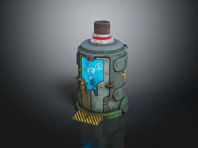 Cylindrical Industrial Equipment With Red Top Door Blue Display Yellow Black Warning Stripes And Wheels 3d model