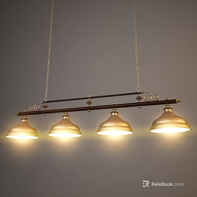 Chandelier with Four Golden Lamp Shades on Long Rod Suspended by Chains in Gray 3d model 