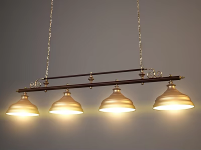 Chandelier with Four Golden Lamp Shades on Long Rod Suspended by Chains in Gray 3d model
