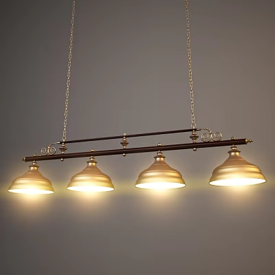 Chandelier with Four Golden Lamp Shades on Long Rod Suspended by Chains in Gray 3d model