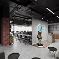 Modern Office Workspace With Long Desks Computers Green Plants And Bookshelves
