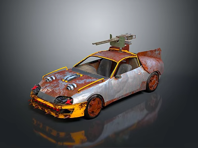 Rusty Modified Car With Silver Yellow Body Roof Mounted Weapon And Orange Wheels 3d model