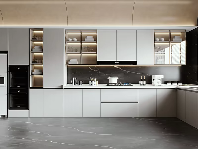 Modern Kitchen Interior Design With Stylish White Cabinets And Polished Marble Countertops 3d model