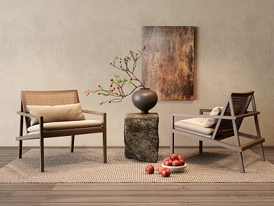 Wooden Frame Leisure Chairs With Cushions Decorative Vase Stone Base And Wall Art On Rug 3d model