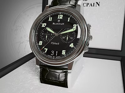 Blancpain Luxury Watch With Black Dial Green Hands And Crocodile Leather Strap 3d model