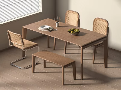 Modern Wooden Dining Table Set with Chairs and Bench Fruit Bowl Plate and Cutlery 3d model