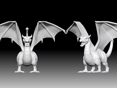 Pair Of White 3D Dragon Models On Black Background With Detailed Features 3d model