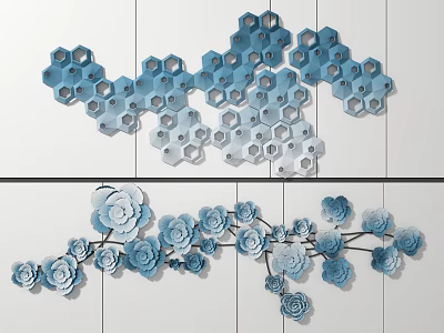 Modern Blue Gray Hexagonal Flower Branch Wall Decor For Home Interior 3d model