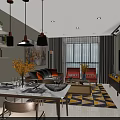 Modern Living Dining Room Interior With Dining Table Sofa Pendant Lights TV And Rug