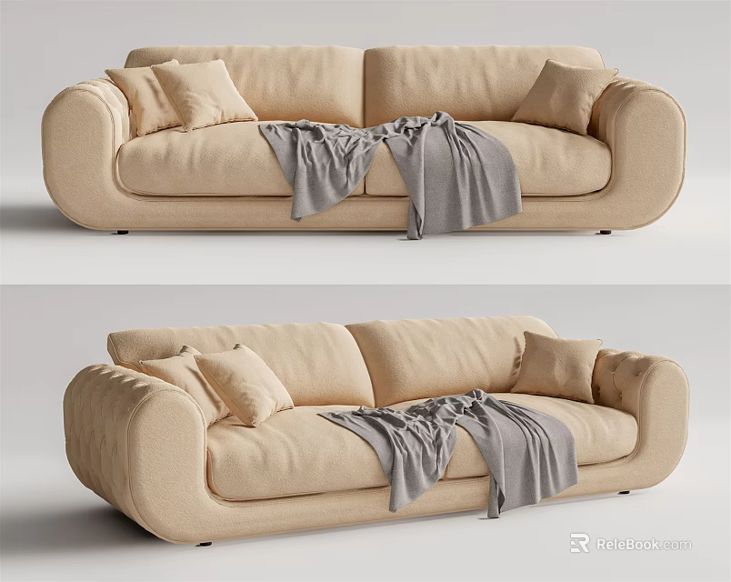 Cozy Beige Two-Seater Sofa With Soft Pillows And Gray Throw Blanket 3d model 