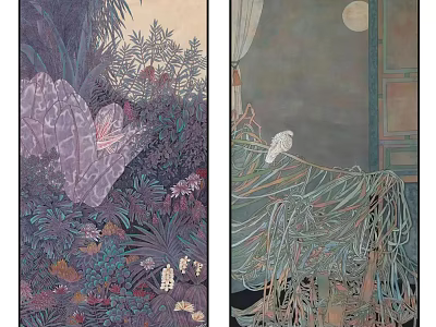 Traditional Oriental Paintings Featuring Purple Rocks Plants Butterflies Moon And White Bird 3d model
