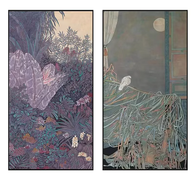 Traditional Oriental Paintings Featuring Purple Rocks Plants Butterflies Moon And White Bird 3d model