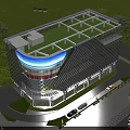 Modern Illuminated Office Building With Glass Curtain Wall Blue Curved Top And Night Scene