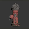Red Rusted Fire Hydrant With Metal Top And Hanging Chains On Dark Background