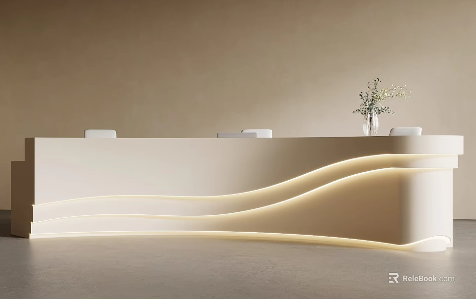 Modern Bar Counter With Curved LED Strip Lighting Beige Wall And White Chairs 3d model 
