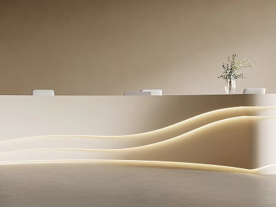 Modern Bar Counter With Curved LED Strip Lighting Beige Wall And White Chairs 3d model