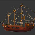 Red Wooden Ship Model With Masts Sails And Decorative Details