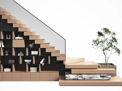 Modern Staircase Design With Black And Brown Storage Units And Small Tree 3d model