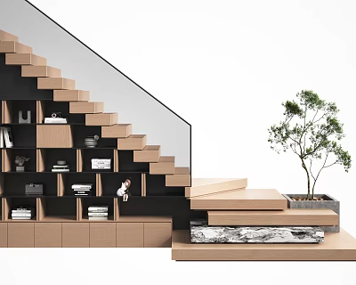 Modern Staircase Design With Black And Brown Storage Units And Small Tree 3d model