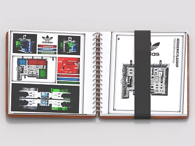 Open Adidas Design Book With Sneaker Sketches Colorful Styles And Line Drawings 3d model