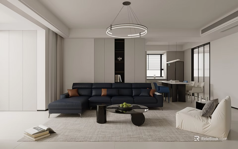 Modern Living and Dining Room Interior Design With Navy Sofa Coffee Table And Pendant Light 3d model 