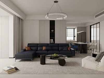 Modern Living and Dining Room Interior Design With Navy Sofa Coffee Table And Pendant Light 3d model