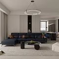 Modern Living and Dining Room Interior Design With Navy Sofa Coffee Table And Pendant Light