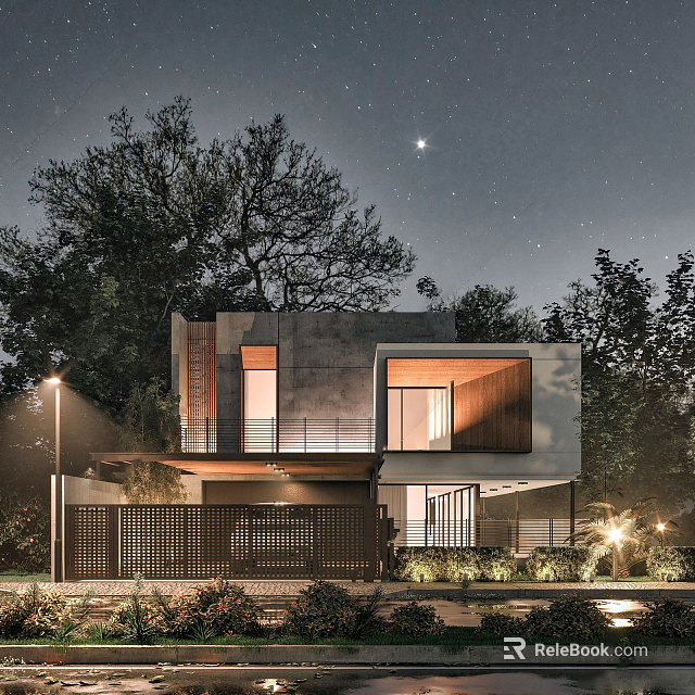 Modern Detached Villa Exterior With Night Lighting Trees And Glass Windows 3d model 