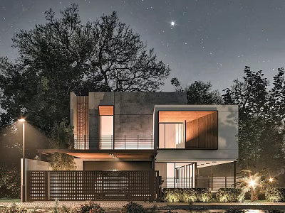 Modern Detached Villa Exterior With Night Lighting Trees And Glass Windows 3d model