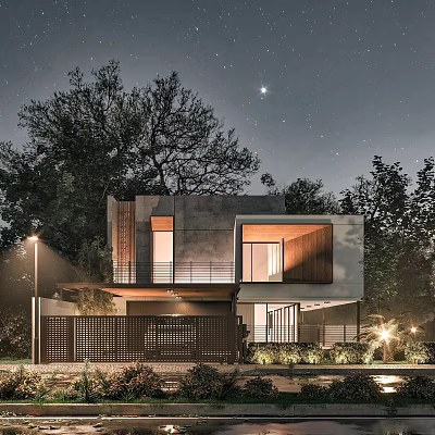 Modern Detached Villa Exterior With Night Lighting Trees And Glass Windows 3d model