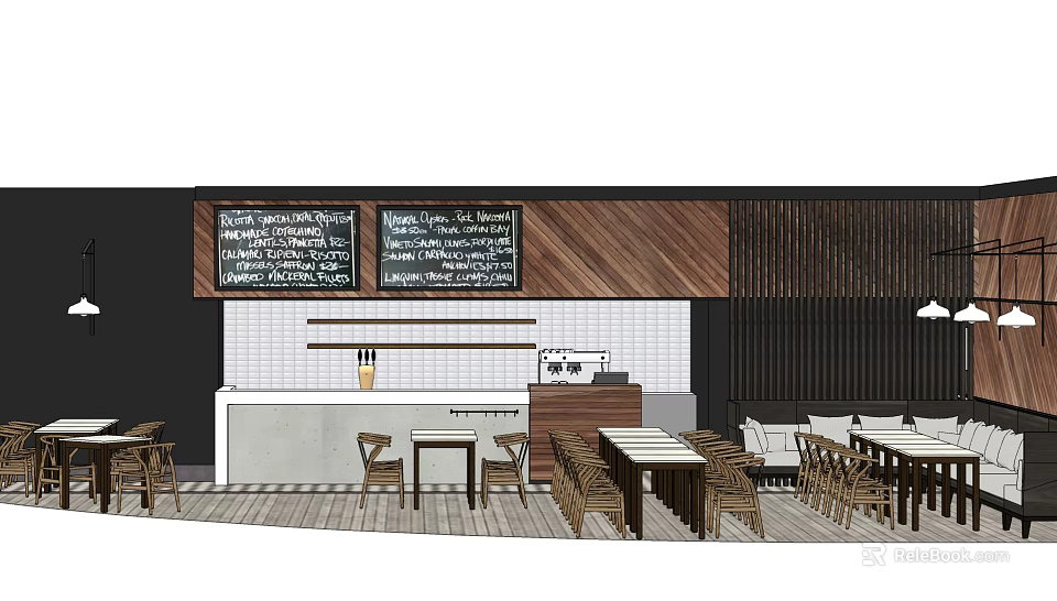 Restaurant Interior Design With Chalkboard Menus Wooden Wall And Dining Tables 3d model 