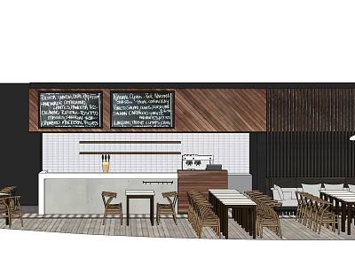 Restaurant Interior Design With Chalkboard Menus Wooden Wall And Dining Tables 3d model