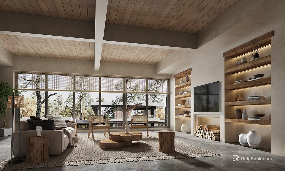 Living Room Interior Design With Wooden Ceiling Large Windows Trees Outside And Fireplace 3d model 