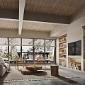 Living Room Interior Design With Wooden Ceiling Large Windows Trees Outside And Fireplace