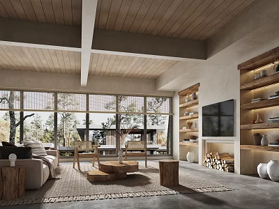 Living Room Interior Design With Wooden Ceiling Large Windows Trees Outside And Fireplace 3d model